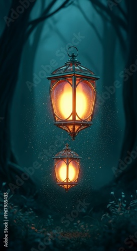 Glowing lanterns in dark forest scene.
