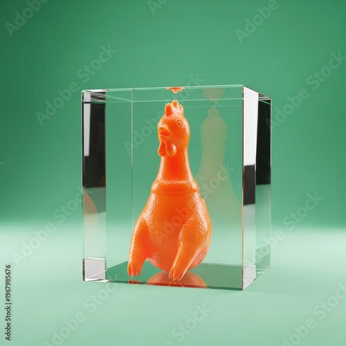 Glass box with orange dinosaur model.