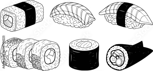 Hand Drawn Sushi Rolls Nigiri and Maki Assortment White Background food japanese