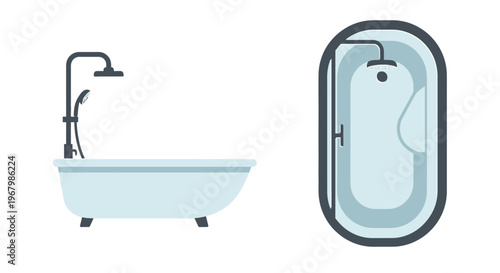 Minimalist illustration of a freestanding bathtub and top down view in simple design
