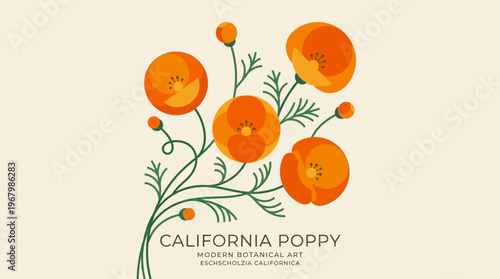 Modern California Poppy Botanical Illustration - Minimalist Floral Art Poster of Eschscholzia Californica in Mid-Century Style
