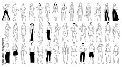Fashion Croquis Female Stylized Figure Male Pose Vector Body Template Illustration Design Set