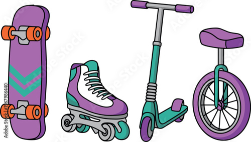 Kids outdoor toys set illustration, skateboard roller skate scooter and unicycle colorful collection, playful activity equipment vector isolated on white background