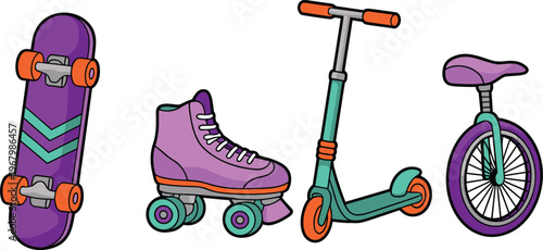 Kids outdoor toys collection illustration, skateboard roller skate scooter and unicycle colorful set, playful activity equipment vector isolated on white background