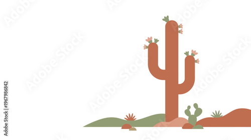 Minimalist Desert Landscape Illustration with Flowering Saguaro Cactus and Copy Space