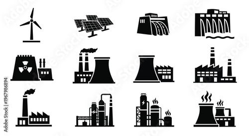 Various energy production facilities depicted in a black and white illustrative style