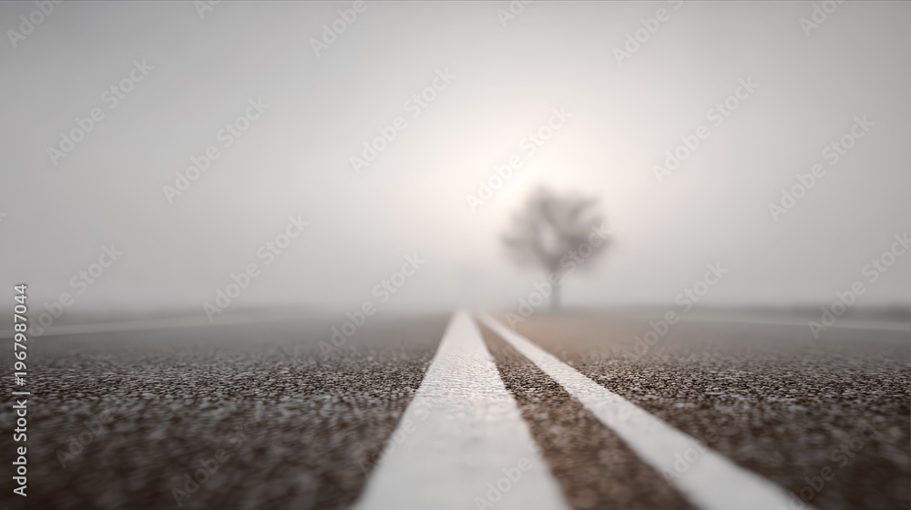 Fototapeta premium Misty road with a solitary tree in the distance.