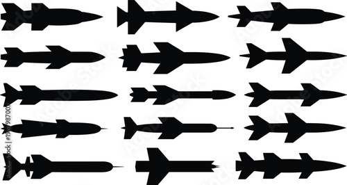 Missile silhouette set, rocket weapon collection, military ammunition shapes, black isolated vector illustration, defense technology icons, war equipment design, flat minimal style