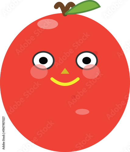 Cute Cartoon Red Fruit Illustration With A Happy Face And Green Leaf Stem. Adorable Vector Mascot For Healthy Food, Kids' Products, Or Fun Playful Designs Isolated