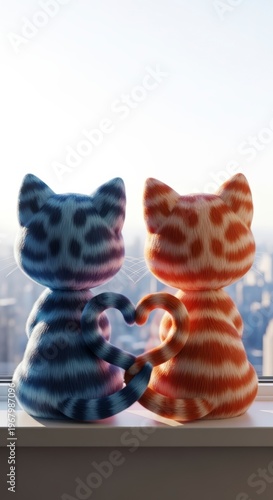 Two colorful cat figurines on windowsill.