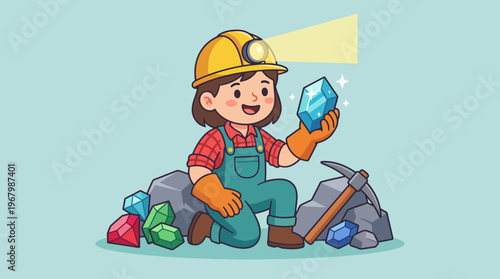 Showcasing joy, this charming illustration features a happy miner holding a sparkling gemstone, emphasizing exploration, discovery, and the excitement of finding treasures.