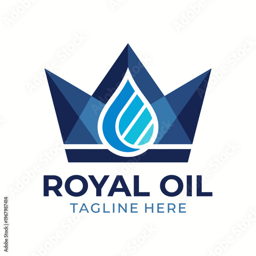 A modern logo design featuring a royal crown and a water droplet, representing elegance and purity in the oil industry. Perfect for branding luxury oil products.