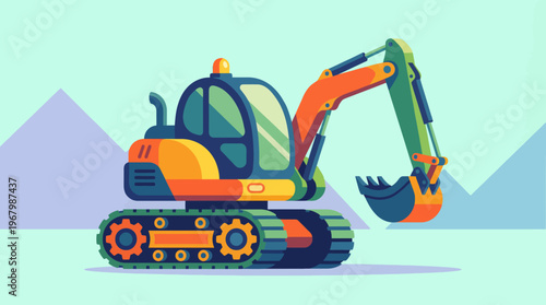 A colorful cartoon excavator with a vibrant design, set in a modern, stylized landscape, showcasing the exciting world of construction and machinery for kids and adults alike.