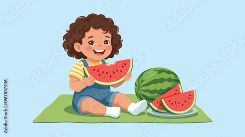 A joyful illustration of a smiling child savoring watermelon slices while sitting on a picnic mat, encapsulating the joy of summer days and family gatherings.