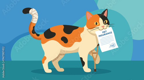 A charming calico cat holding a pet insurance document in its mouth while walking on a colorful background, symbolizing pet care and security for furry friends.