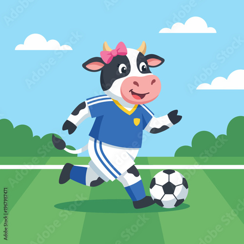 A joyful cartoon cow wearing a blue jersey while running on a soccer field, showcasing playfulness, sportsmanship, and a lighthearted approach to athletics.
