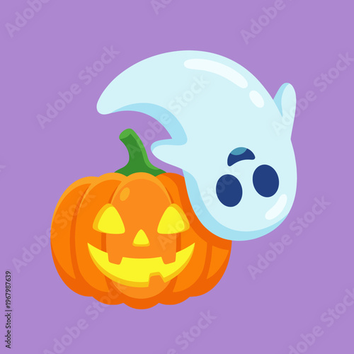 This playful illustration features a friendly ghost hovering above a classic carved pumpkin, celebrating Halloween with a charming and festive atmosphere.