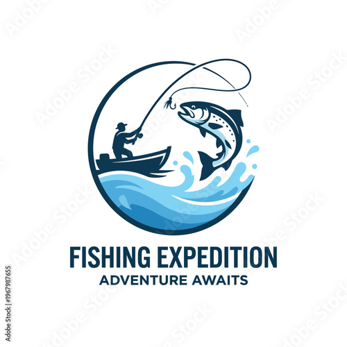 This captivating image presents a fisherman on a boat, casting a line into the water, with a vibrant fish jumping, embodying the thrill of fishing adventures.