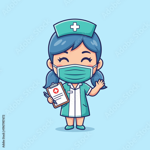A cheerful cartoon nurse wearing a mask and cap, warmly waving while holding a clipboard, embodying care, health, and support in a friendly, approachable style.