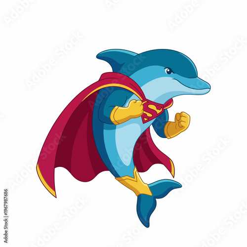 A vibrant cartoon dolphin dressed as a superhero, complete with a flowing cape and emblem on its chest, representing strength and bravery in a playful style.
