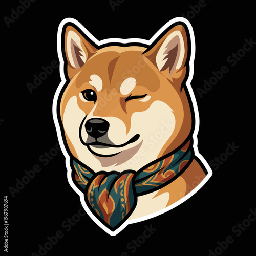 This adorable Shiba Inu dog sports a playful wink and a stylish scarf, radiating charm and approachability with its warm expression and vibrant colors, ideal for pet lovers.
