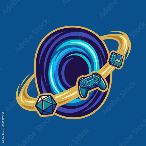 An imaginative, vibrant design featuring a cosmic portal surrounded by gaming elements like a game controller and dice, perfect for game enthusiasts seeking a playful aesthetic.