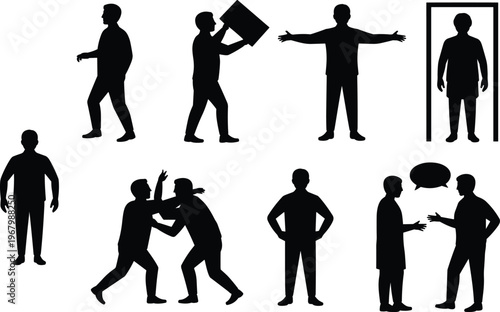 People silhouette set, men walking talking arguing and standing poses collection, human activities vector illustration, communication and behavior icons, black flat design