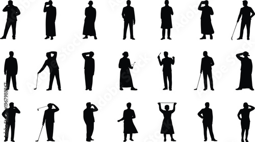 People silhouettes collection set, men and women standing posing with different gestures including golf player figures, lifestyle vector illustration isolated on white background