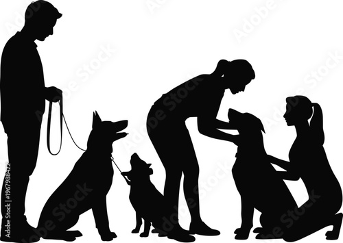 People with dogs silhouette set, pet owners training and caring animals, walking and bonding scenes vector illustration, domestic pets isolated, black flat design