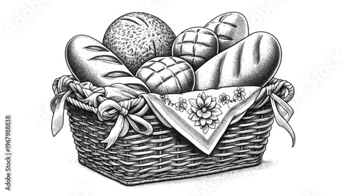Basket with bread, pastry bakery illustration. Bread basket sketch drawing. Doodle loaf vintage outline pattern. Italian bakery chalk brush pencil art. Homemade wheat bun. Transparent SVG version.