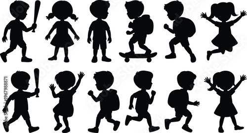 Set of kids silhouettes, children playing running jumping with school backpack and baseball bat, active childhood poses vector illustration isolated on white background