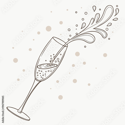 A line drawing of a champagne flute with bubbly liquid splashing out on a beige background with polka dots