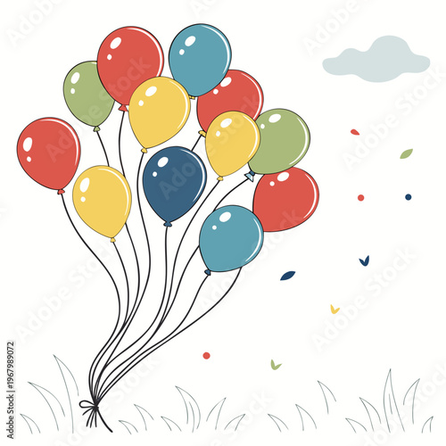 Colorful balloons floating in the air on a with confetti and a cloud