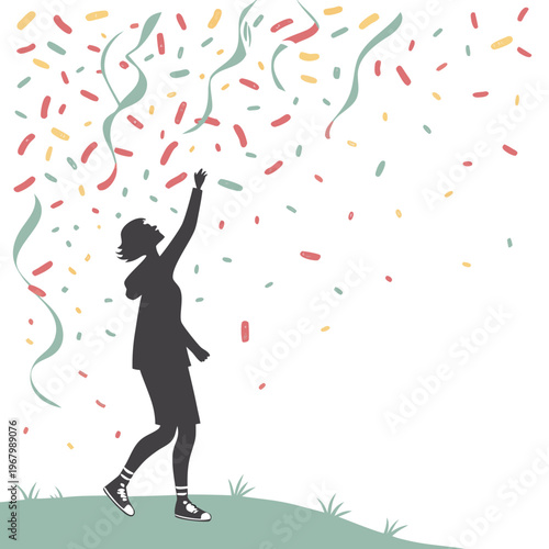 A silhouette of a woman celebrating with colorful confetti and ribbons in the air