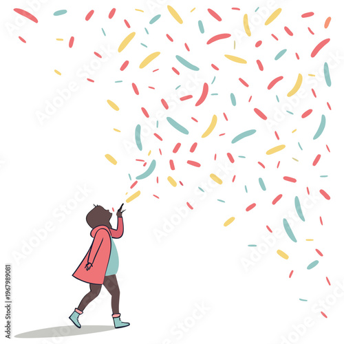 A young girl in a pink coat throwing colorful confetti into the air