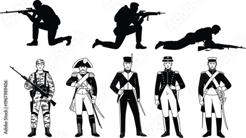 Soldier silhouettes and historical military uniforms set, armed forces collection with rifles and combat poses, army illustration, defense and warfare vector design