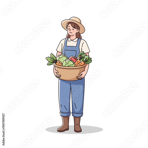 Illustration of a woman farmer wearing a straw hat and blue overalls, holding a basket full of fresh vegetables like carrots, cabbage, and broccoli, showcasing a healthy harvest and rural lifestyle