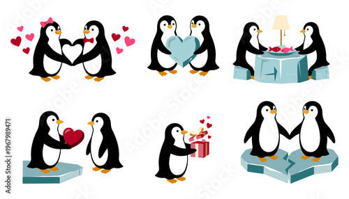 Valentine penguin love set with cute romantic couples, heart gifts, dinner date and icy winter scenes Flat vector illustration