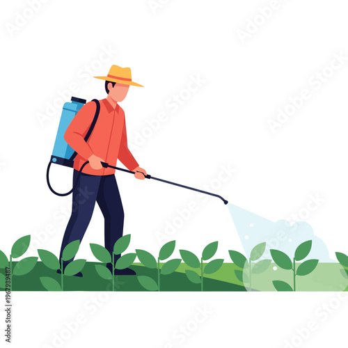 Farmer spraying pesticides on crops in a field, agricultural pesticide application by a person with a backpack sprayer