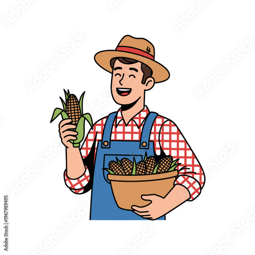 A cheerful farmer proudly displays a freshly harvested ear of corn and a basket overflowing with his abundant agricultural bounty, symbolizing successful cultivation