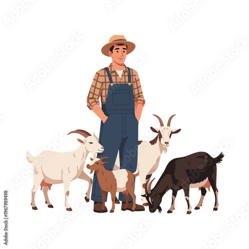 Farmer with goats illustration, a man in overalls and hat standing with several goats in a farm setting