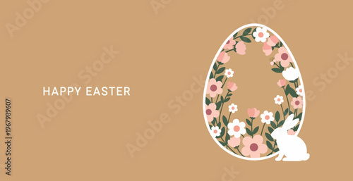 Happy Easter banner with white bunny silhouette and large egg shape filled with beautiful pink spring flowers