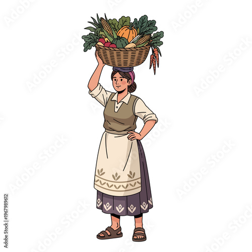 Illustration of a smiling woman balancing a large, overflowing basket of colorful, fresh farm vegetables on her head, symbolizing healthy eating and a bountiful harvest