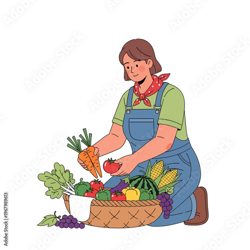 Happy female farmer gathering a rich harvest of fresh, organic fruits and vegetables into a rustic basket, depicting healthy eating and sustainable farm practices