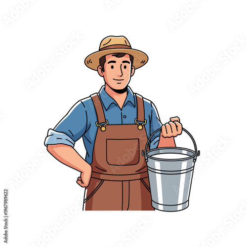 A cheerful farmer in overalls and a hat, holding a bucket of fresh milk, representing agriculture and dairy farming