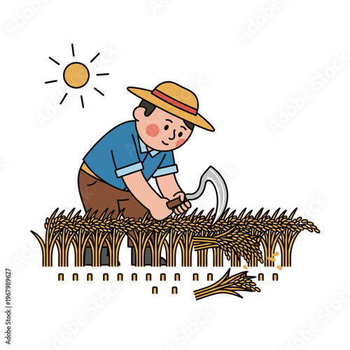 Farmer harvesting ripe wheat with a sickle under the bright sun, symbolizing agricultural work and the bounty of nature