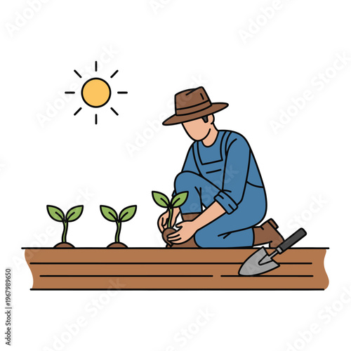 Dedicated gardener planting fresh seedlings, nurturing young plants in fertile soil under a bright sun, symbolizing growth and sustainable agriculture
