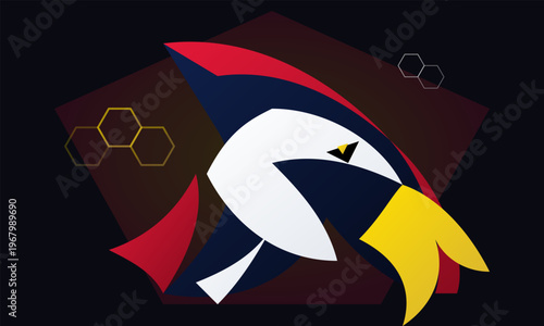 Hand-drawn geometric eagle mascot head featuring sharp angular shapes with hexagonal details and vibrant colors for branding projects authentic illustration