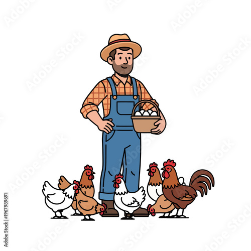 Farmer proudly displays a basket full of fresh eggs surrounded by his flock of happy chickens, embodying rural life and natural abundance