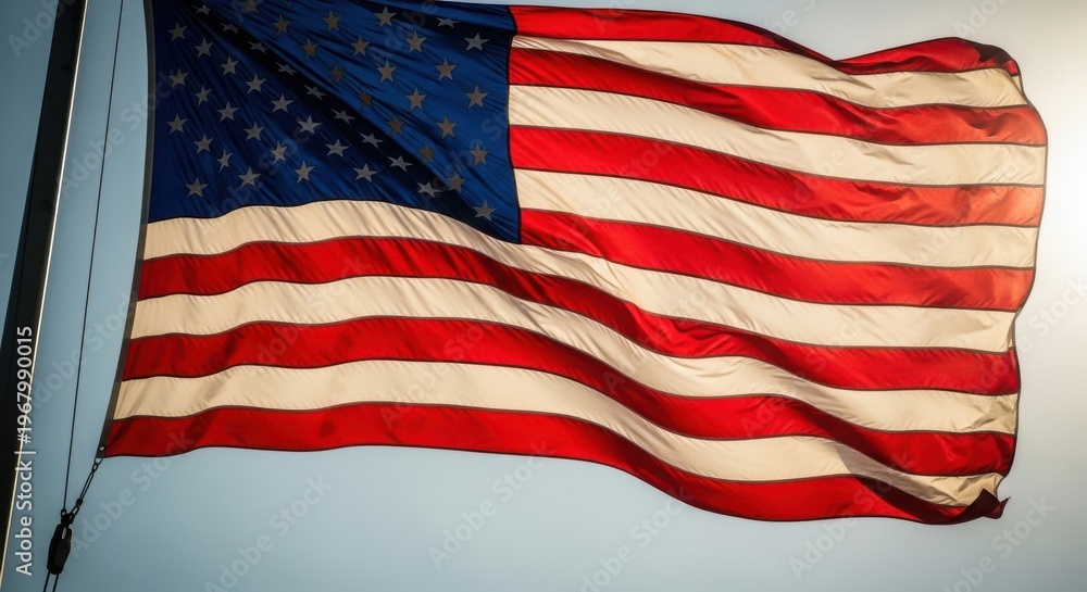 Obraz premium The American flag waving in the wind on a clear day